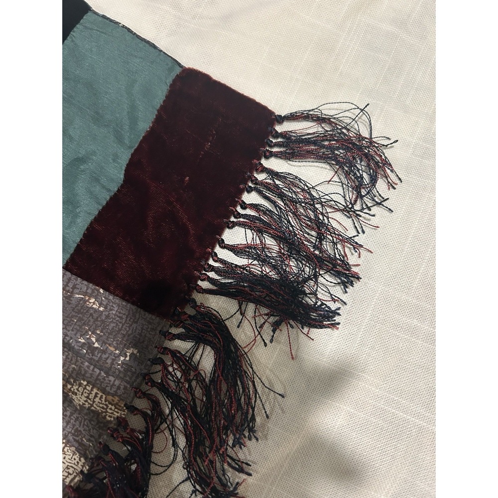 Vintage 90s Burnout Velvet & Silk Patchwork Scarf Fringed 57"x10" Boho Luxury - Picture 5 of 13